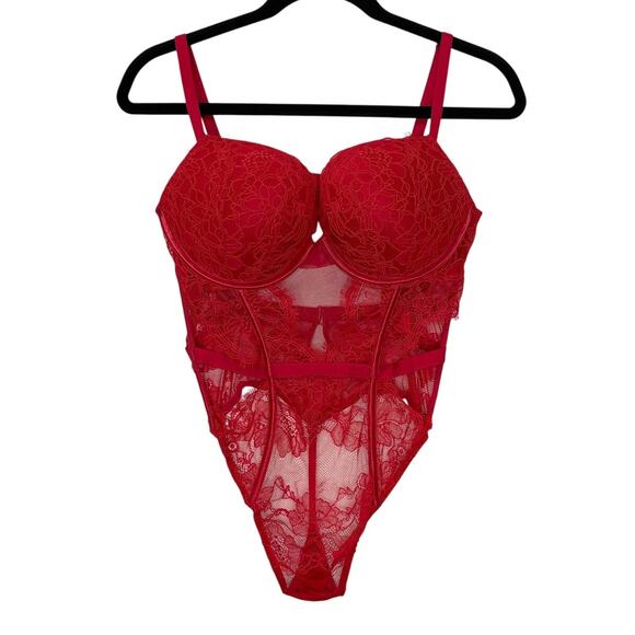 Victorias Secret Size L Bombshell Lace Teddy Corset Push Up Red Sexy Lingerie - Picture 2 of 15